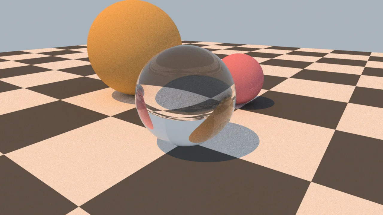 PBR render of a simple scene, showing balls of different materials under sunlight