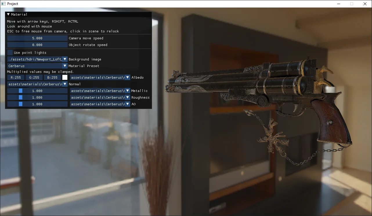 Screenshot of a realistic 3D render of a revolver. The program has a panel for adjusting parameters.